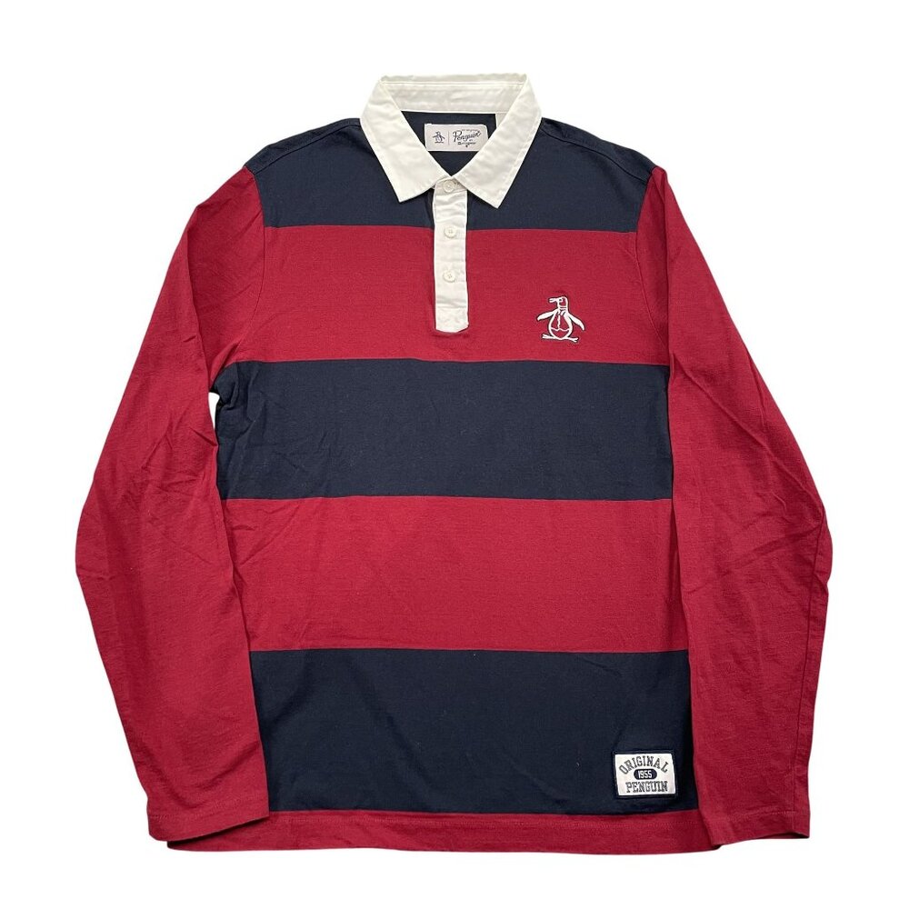 Original Penguin Rugby Shirt Mens Medium Red Navy 100% Cotton‎